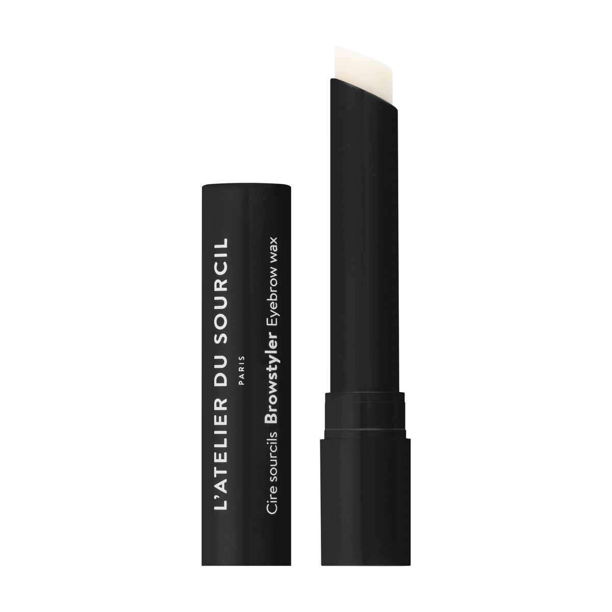 Browstyler, cire sourcils en stick noir à embout biseauté présentée ouverte sur fond blanc, L'Atelier du Sourcil