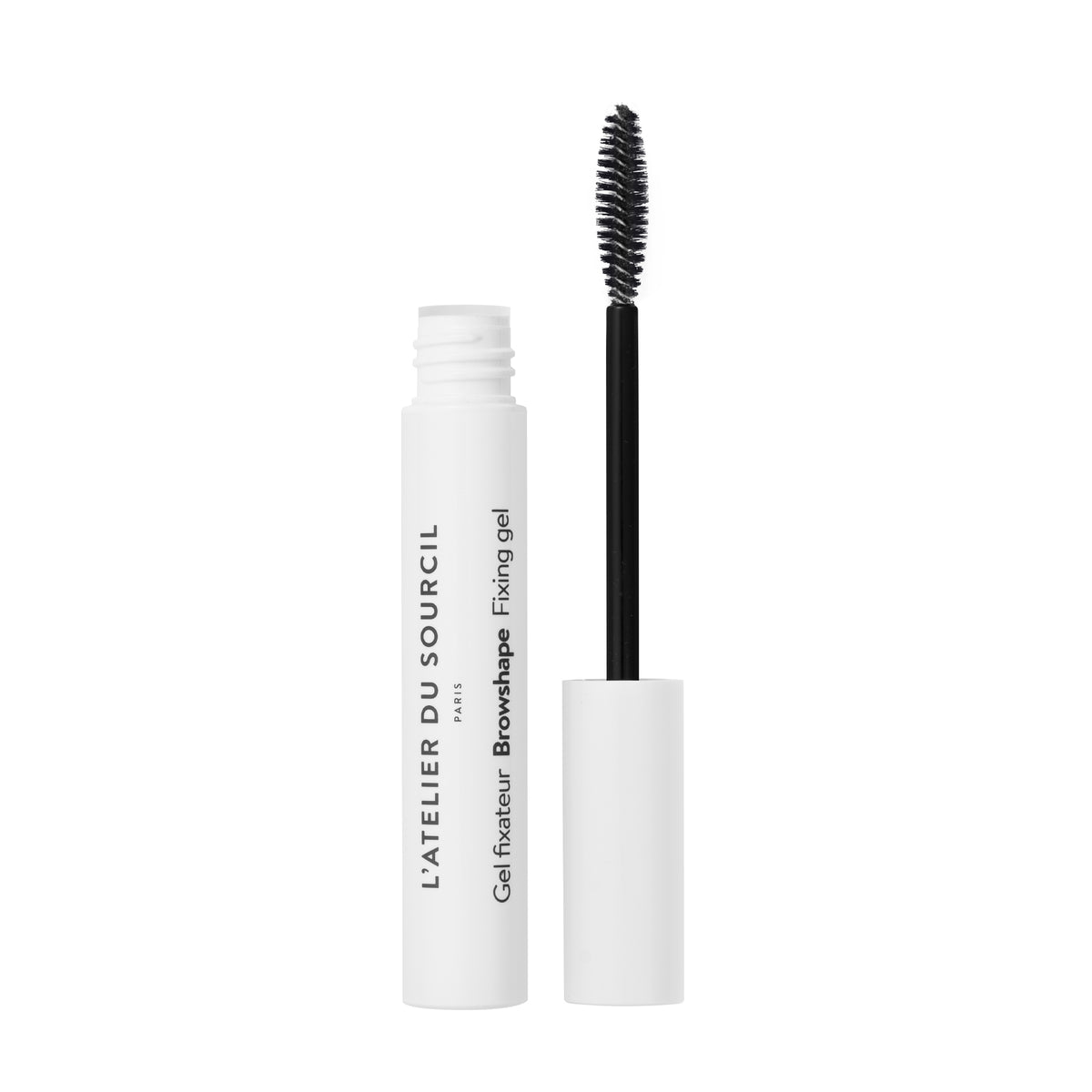 Browshape transparent, gel fixateur sourcils en tube blanc présenté ouvert avec sa brosse, L'Atelier du Sourcil