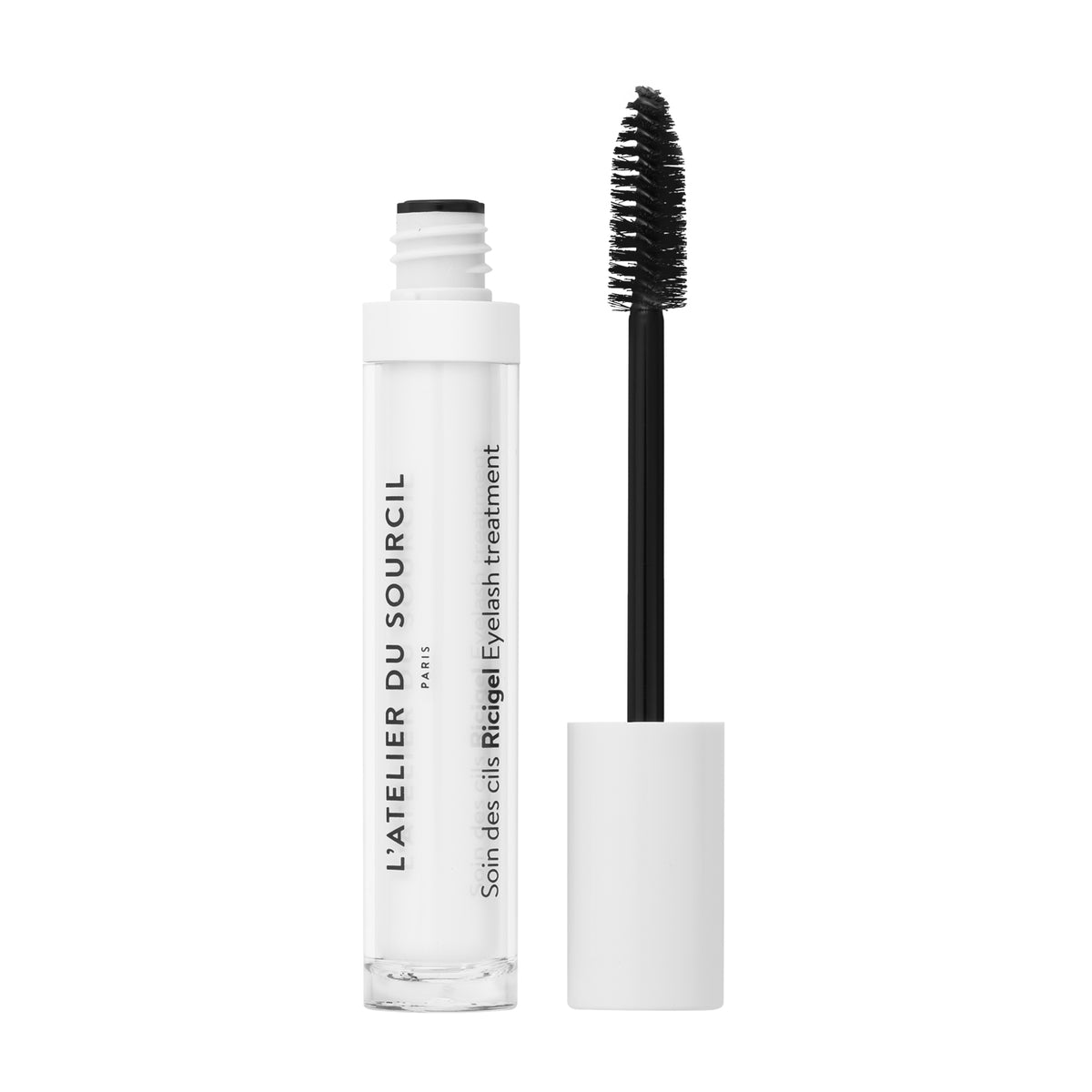 Ricigel, soin des cils en flacon transparent présenté ouvert avec sa brosse noire sur fond blanc, L'Atelier du Sourcil