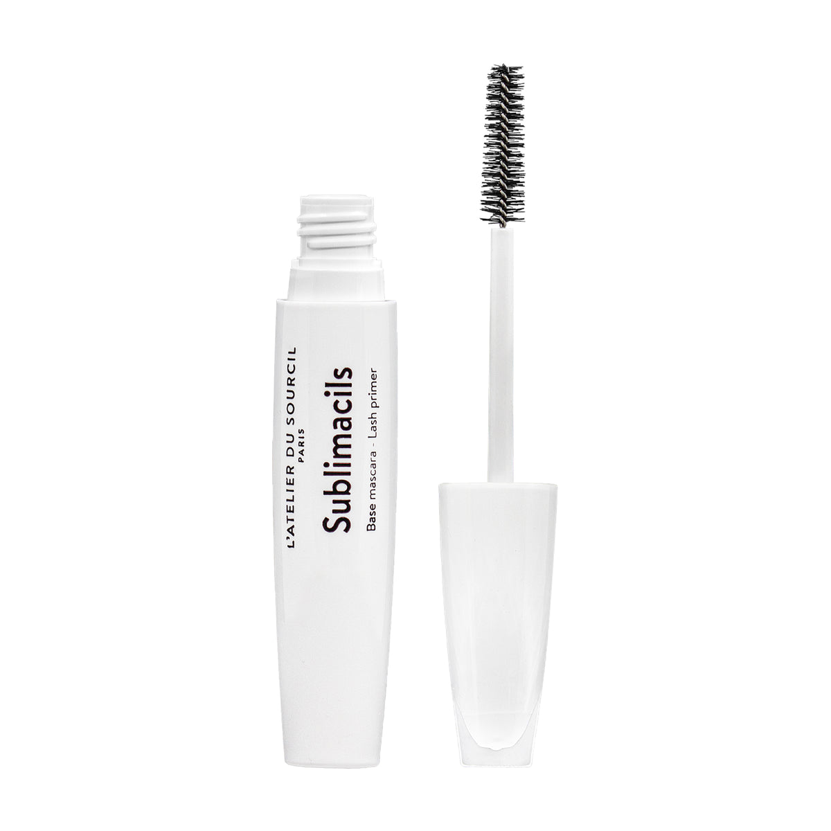 Sublimacils, base mascara blanche présentée ouverte avec sa brosse sur fond blanc, L'Atelier du Sourcil Paris