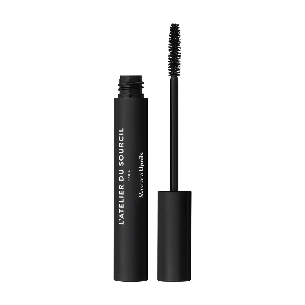 Upcils, mascara noir présenté ouvert avec sa brosse fine sur fond blanc, L'Atelier du Sourcil 