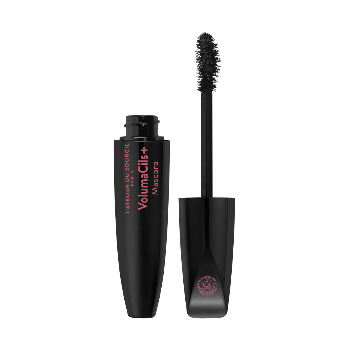 VolumaCils+, mascara volume noir présenté ouvert avec sa brosse sur fond blanc, L'Atelier du Sourcil Paris